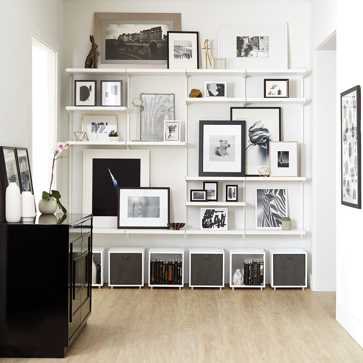White & White Elfa Décor Shelving Wall | The Container Store