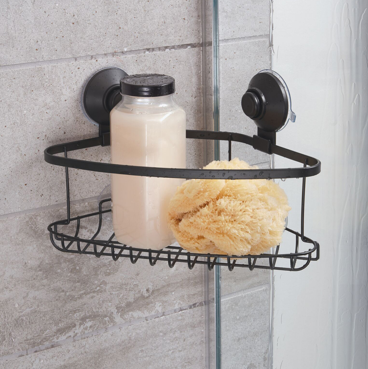 iDesign Everett Matte Black Push-Lock Suction Shower Corner Basket | The  Container Store