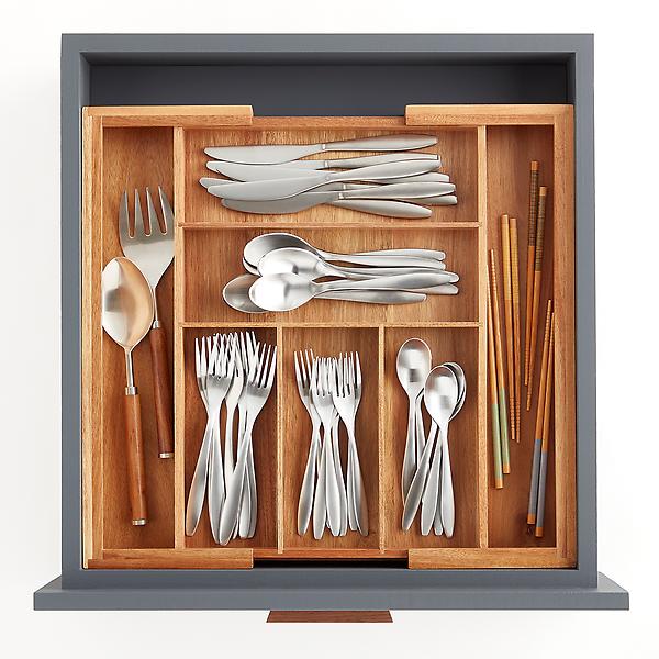 Expandable Acacia Silverware Tray | The Container Store
