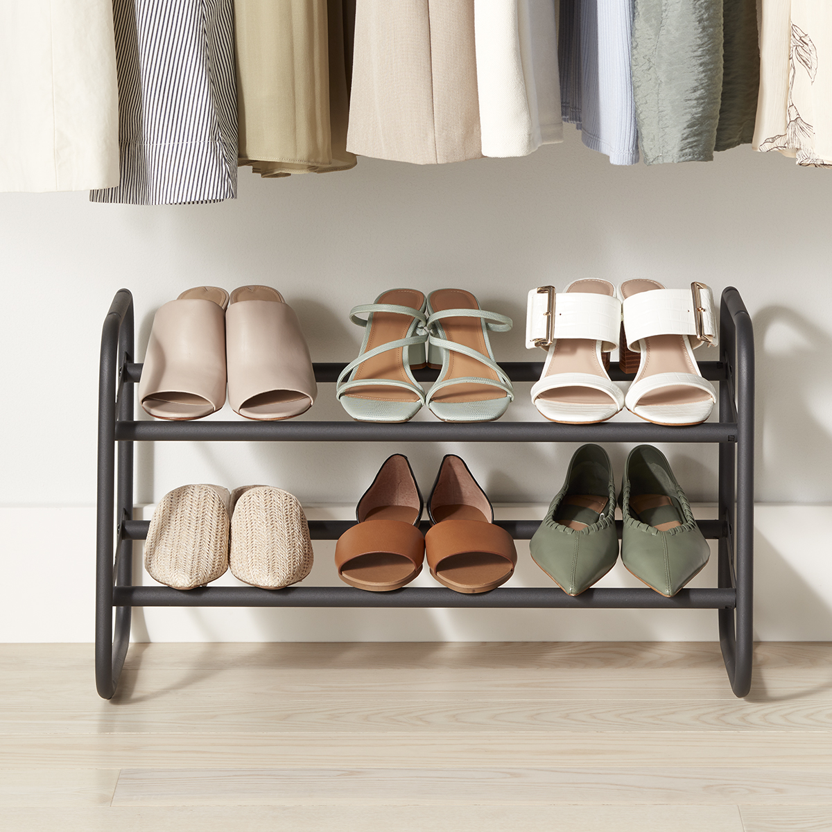 2-Tier Expandable Shoe Rack with Pivoting Bars | The Container Store