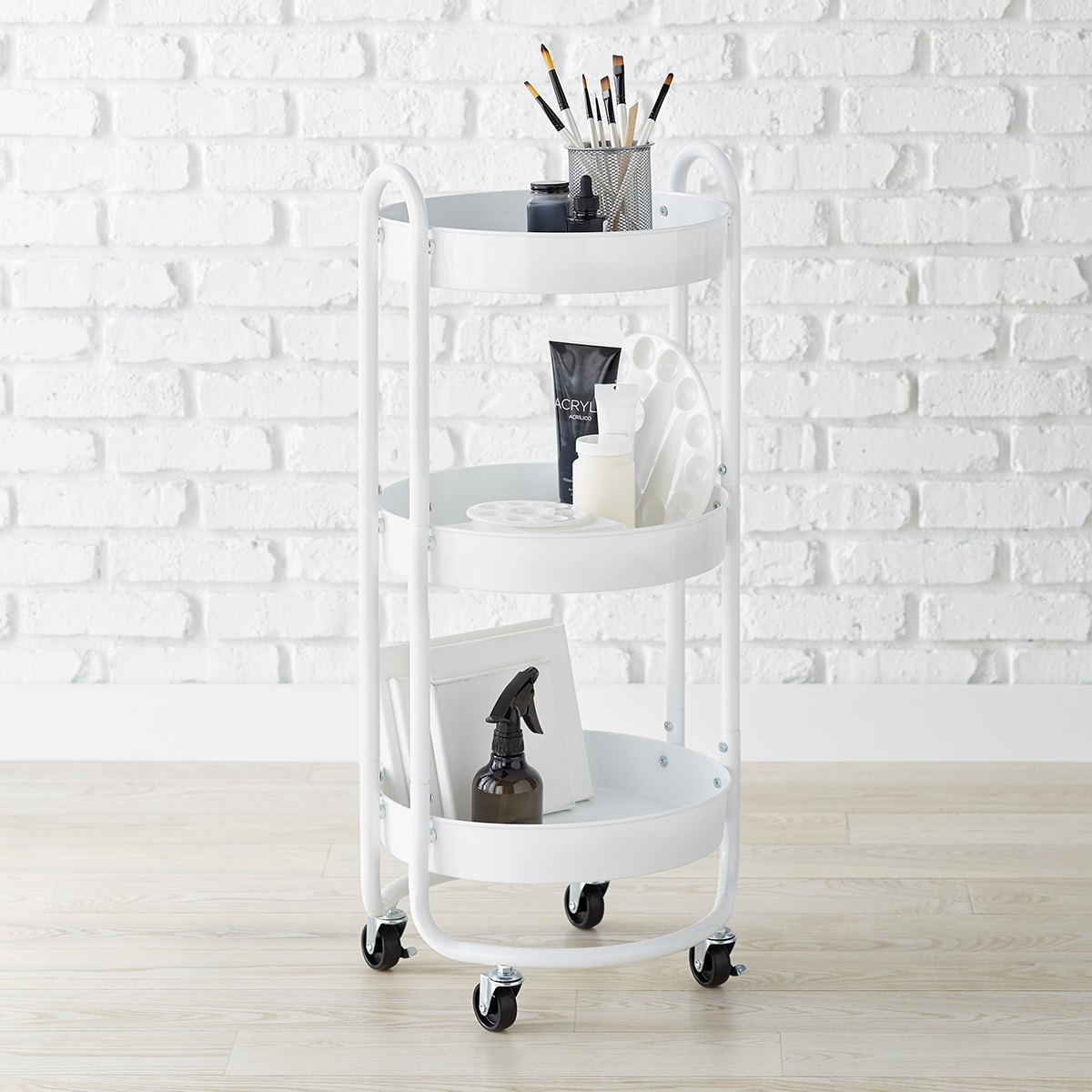 Round White 3-Tier Rolling Cart | The Container Store