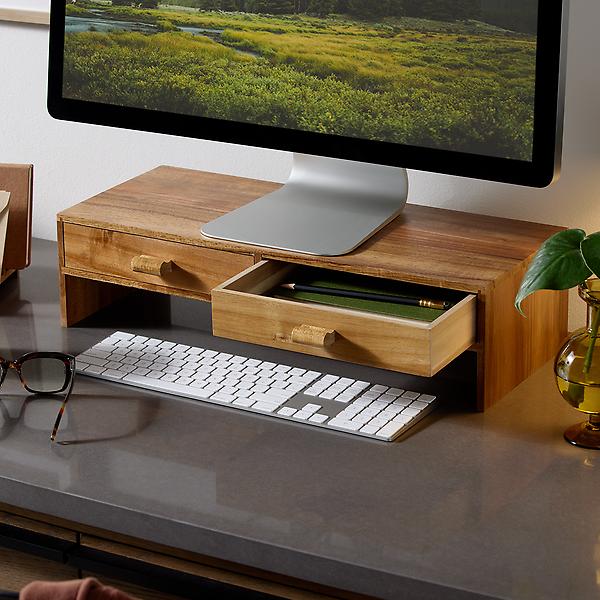 Rowan Acacia 2-Drawer Monitor Stand | The Container Store