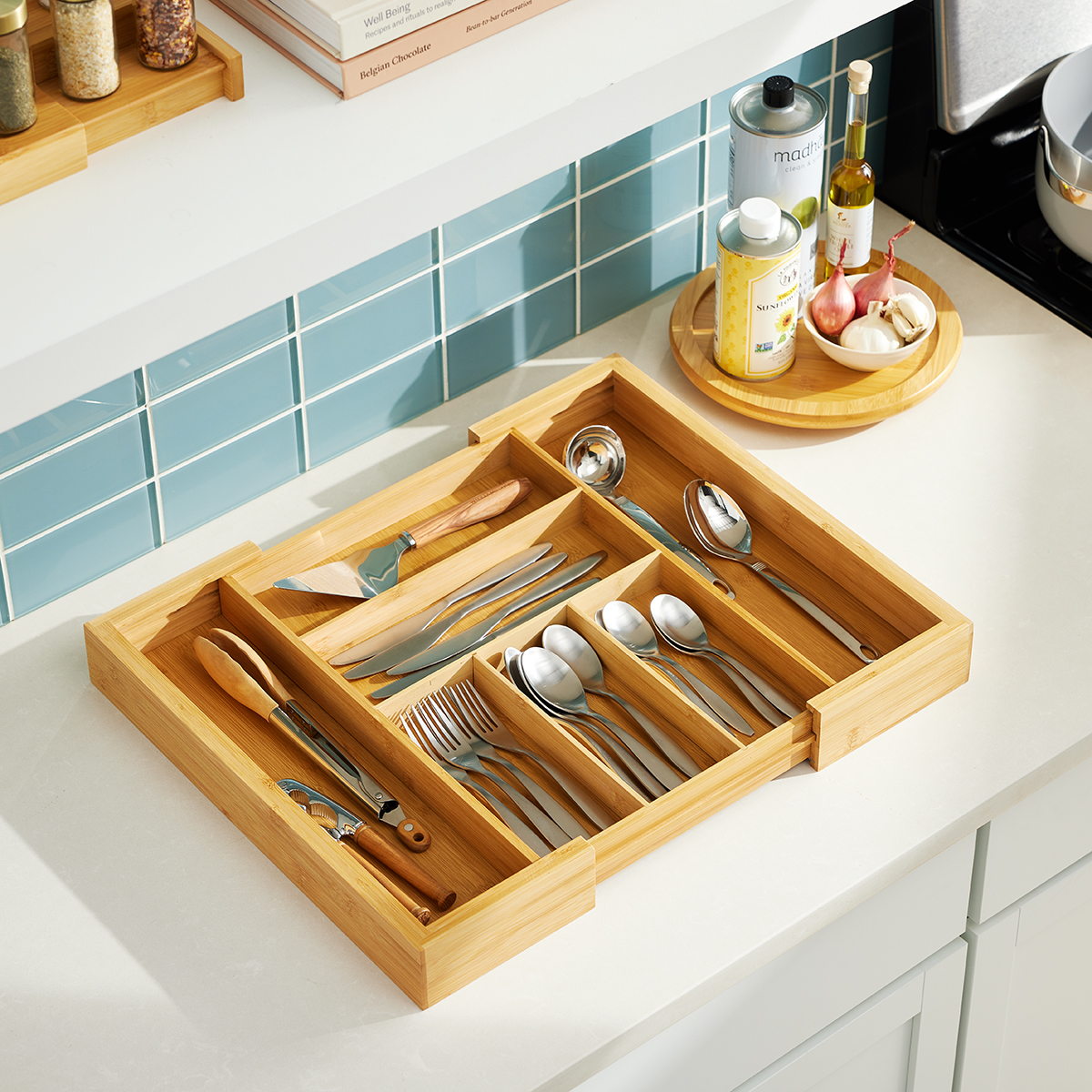 Bamboo 2024 Expandable Drawer Organizer for Utensils Holder, Adjustable Cutlery Tray